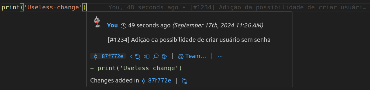 Exemplo da mensagem do *commit* no VSCode